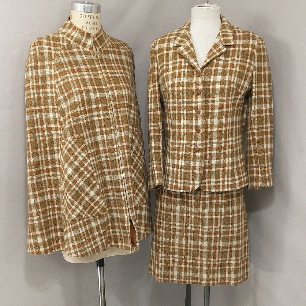Sixties Plaid 3 Piece Set Cape Skirt & Blazer Mod Casual Dress Hip 60s